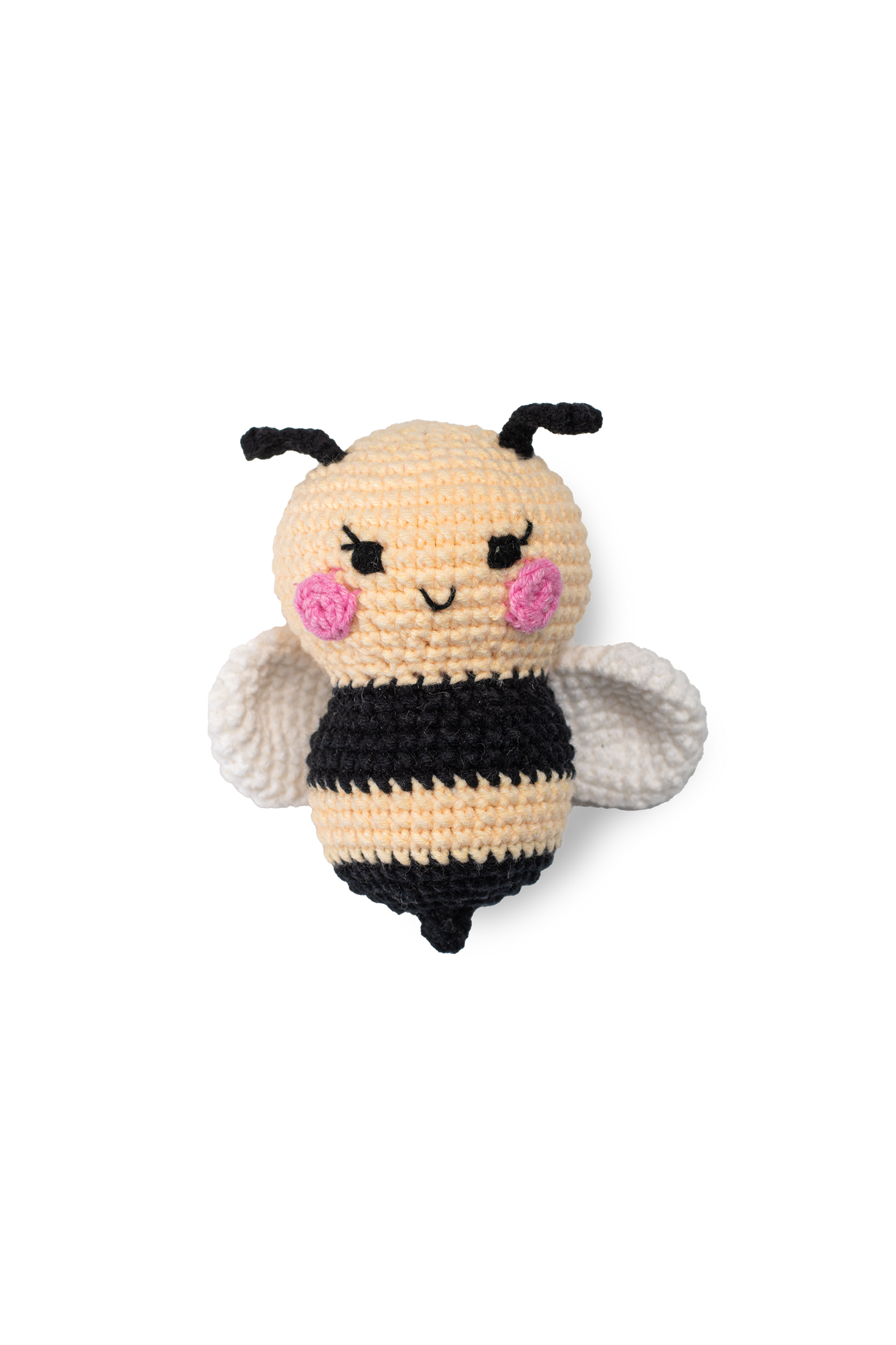 Handmade crochet bumblebee plush toy with pink rosy cheeks made by Knitted Friends