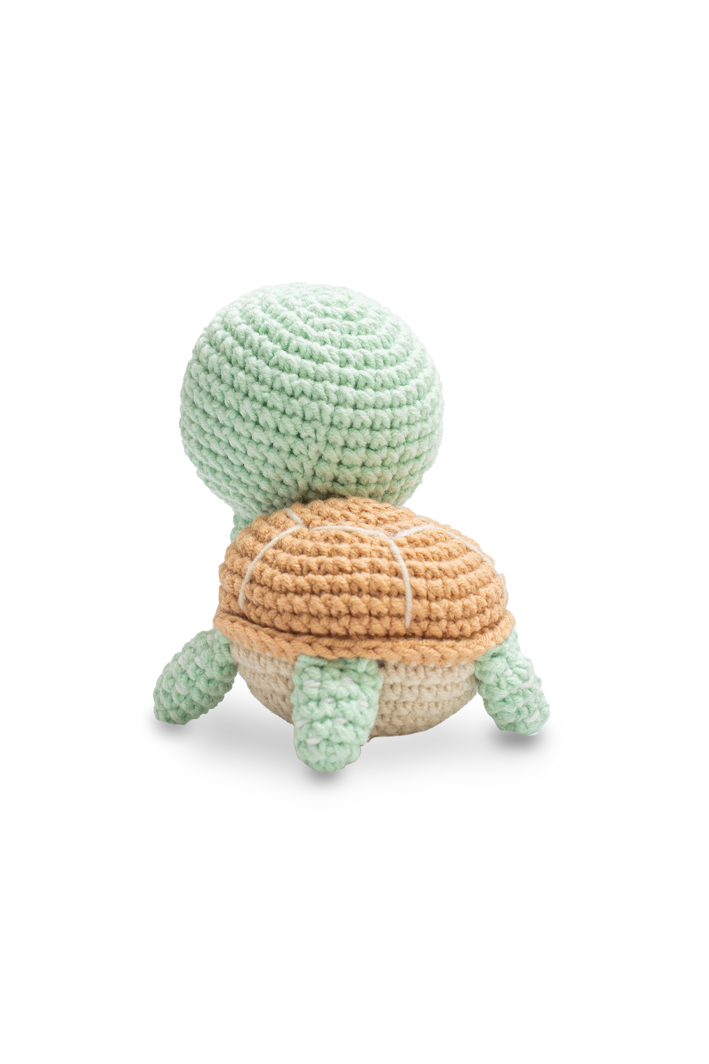 Back view of a handmade crocheted turtle toy with a mint green body and textured brown shell by Knitted Friends