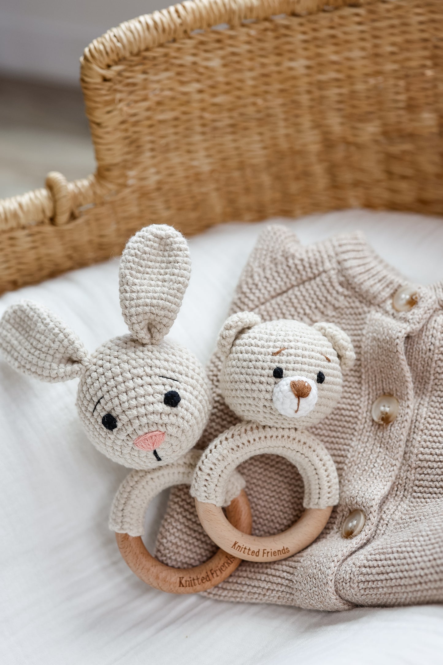 Knitted bear rattle with bunny rattle by Knitted Friends