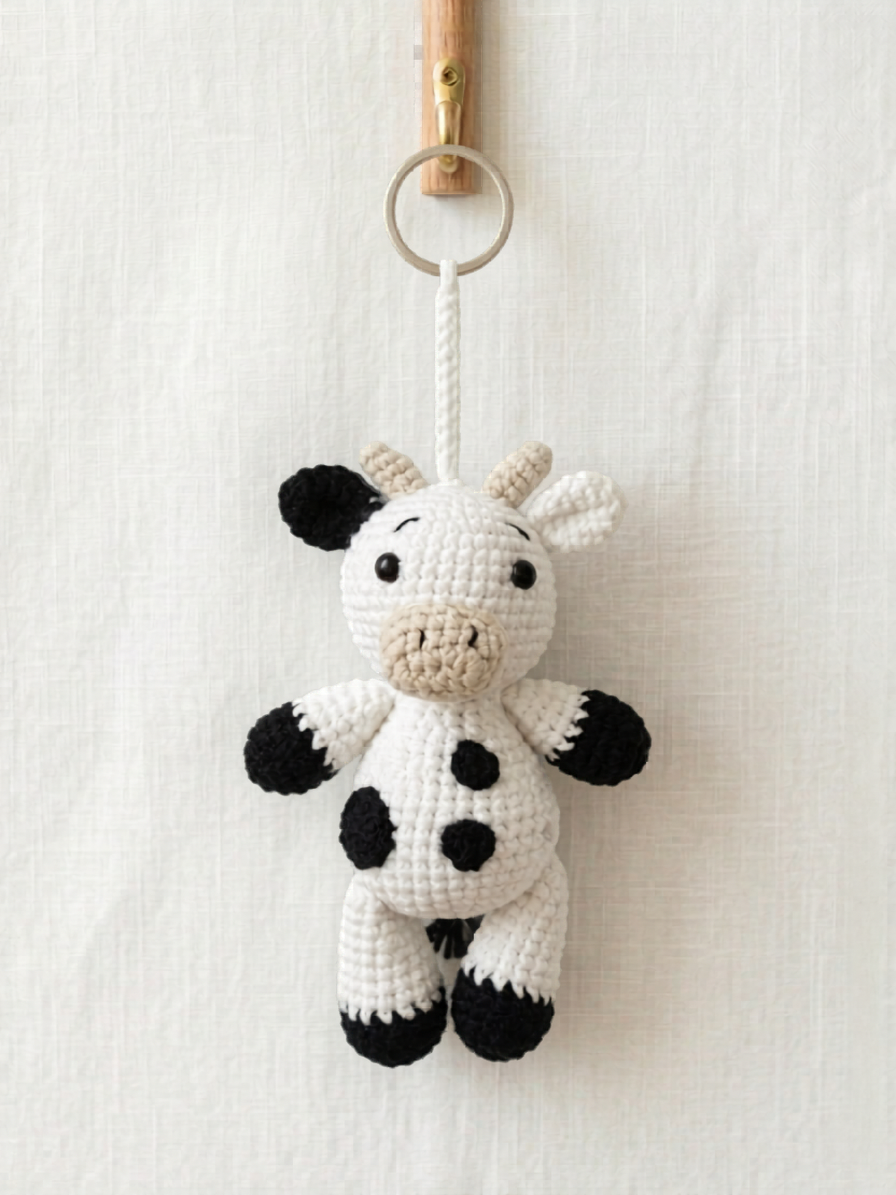 Crochet cow bag charm handmade by Knitted Friends