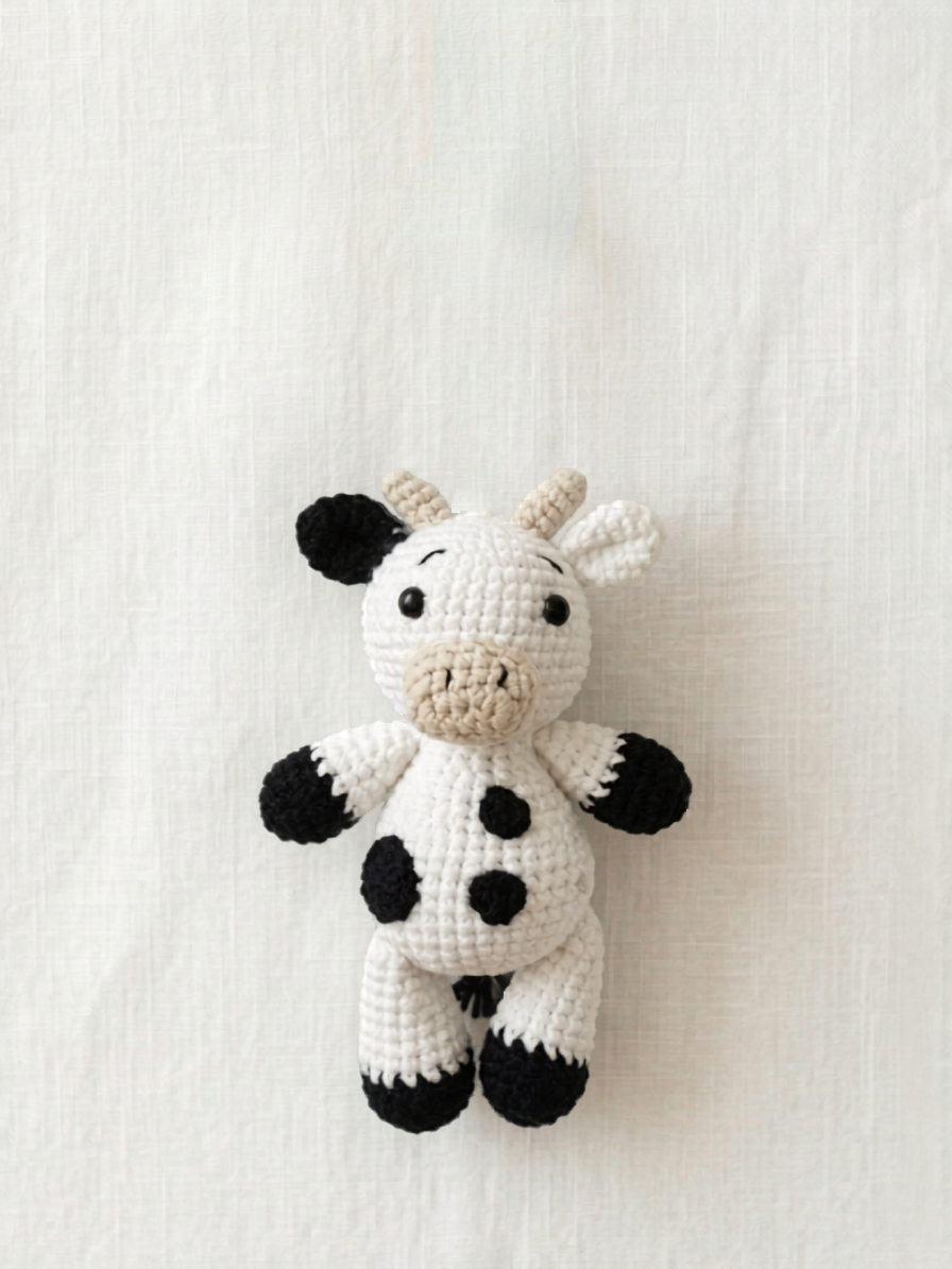 Cow Mini Friend, a small handmade crochet cow by Knitted Friends