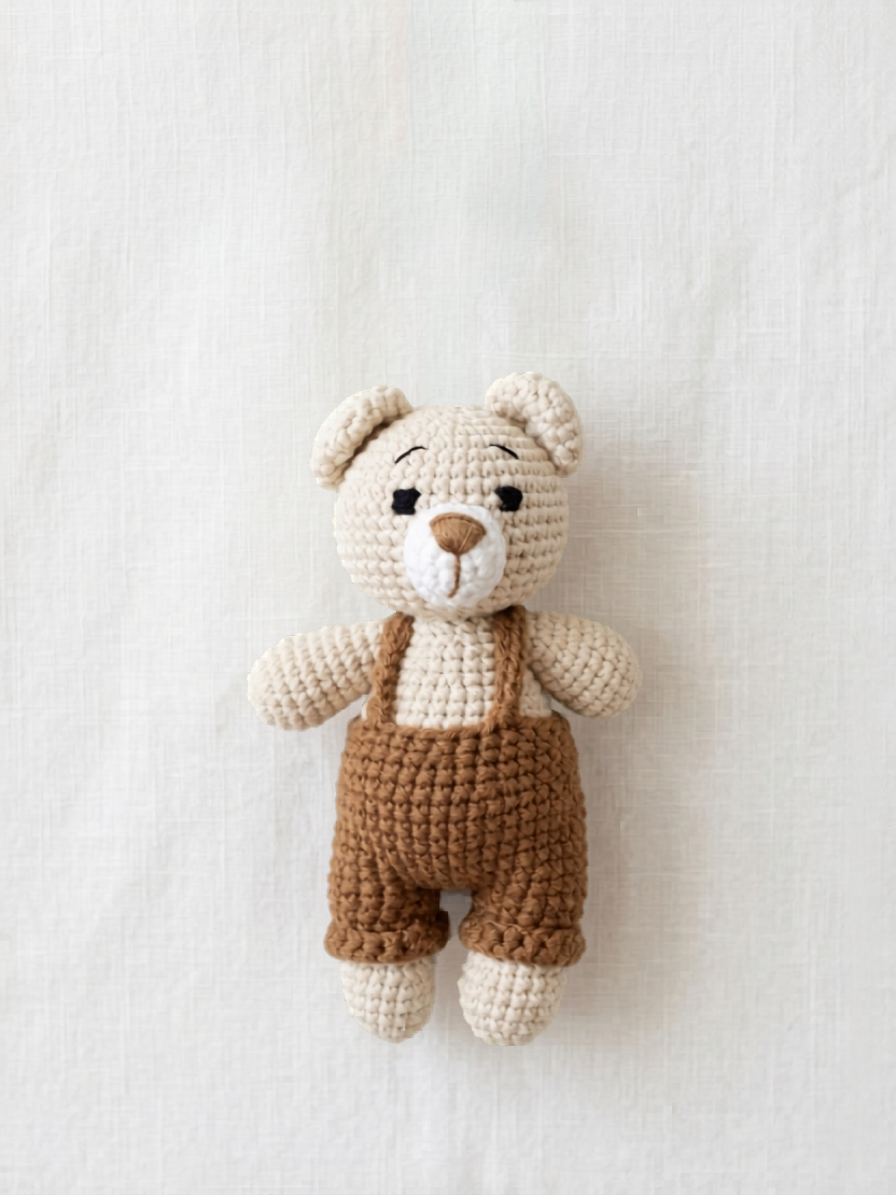 Bear Mini Friend, a small handmade crochet bear in organic cotton by Knitted Friends