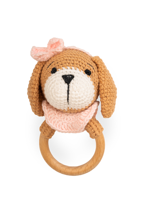 Cinnamon Pink Puppy Rattle - Knitted Friends