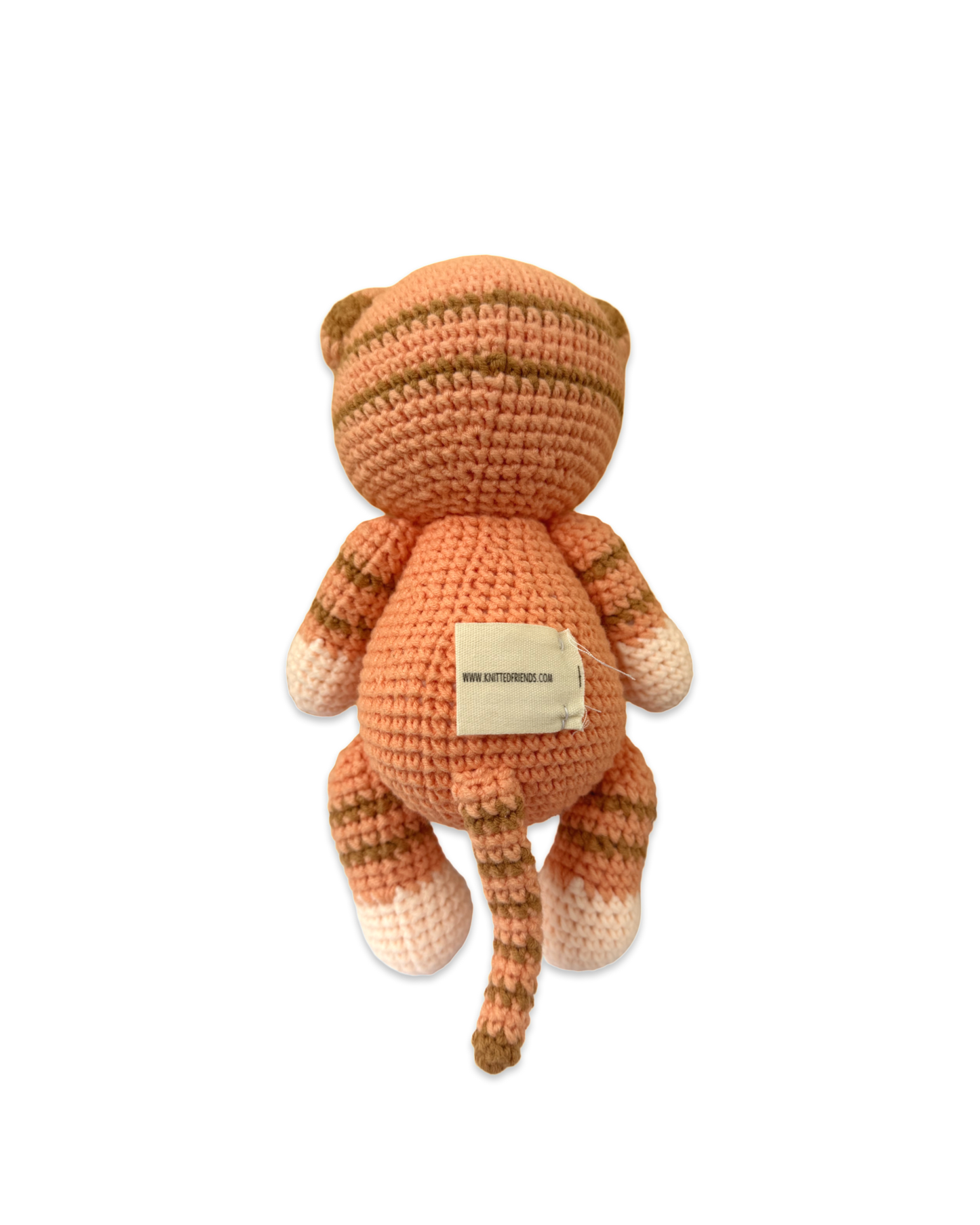 Handmade knitted tiger doll crafted by Knitted Friends