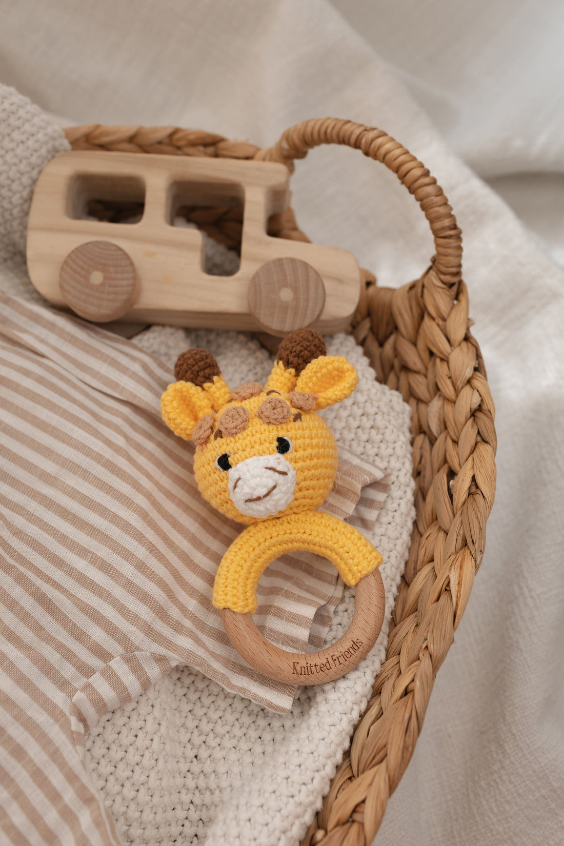 Baby's first toy, a handmade giraffe rattle