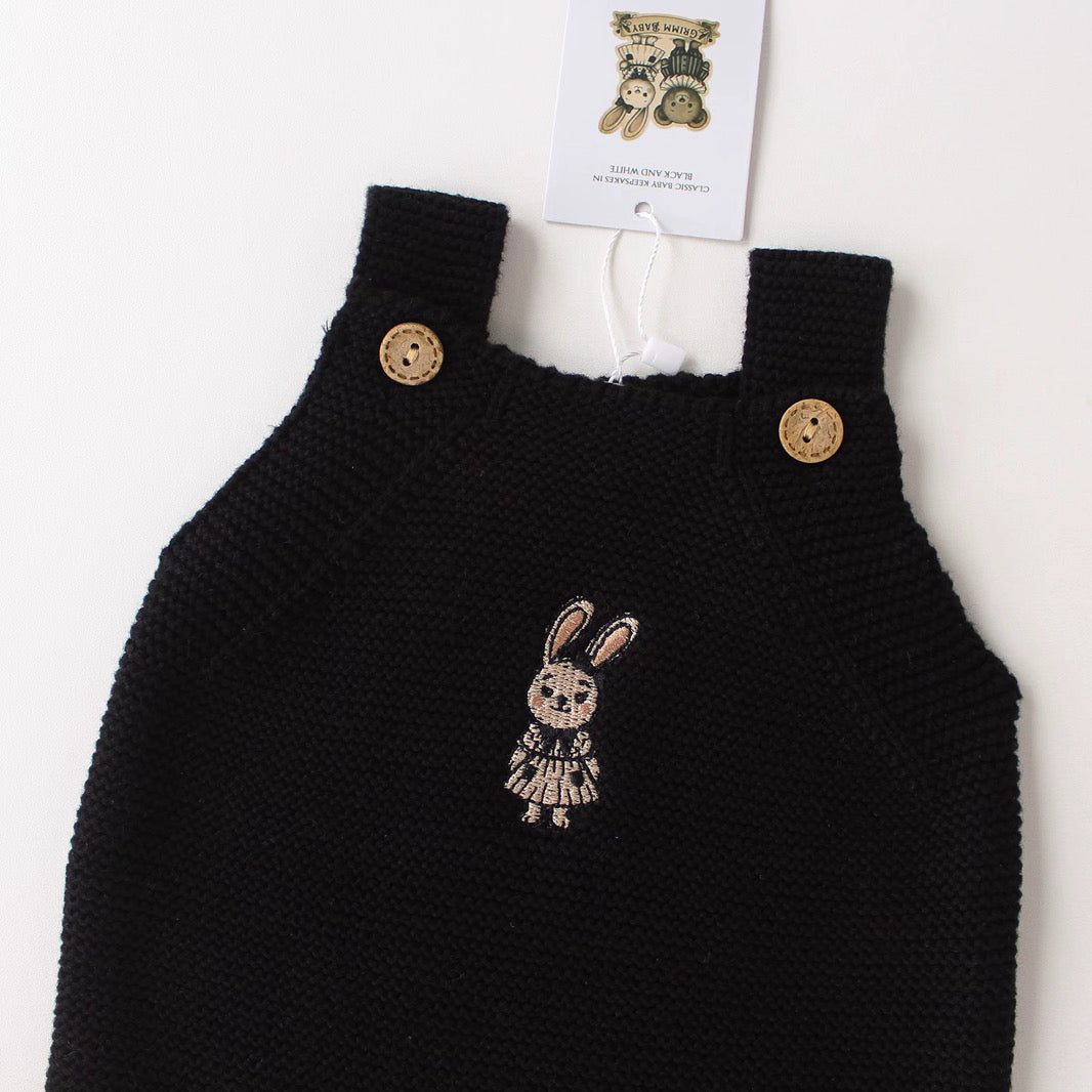 Midnight Bunny black organic cotton knit baby onesie by Knitted Friends