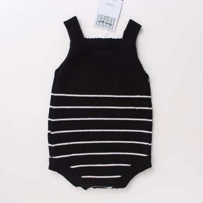 Organic cotton striped racer knit baby onesie, detail view, by Knitted Friends