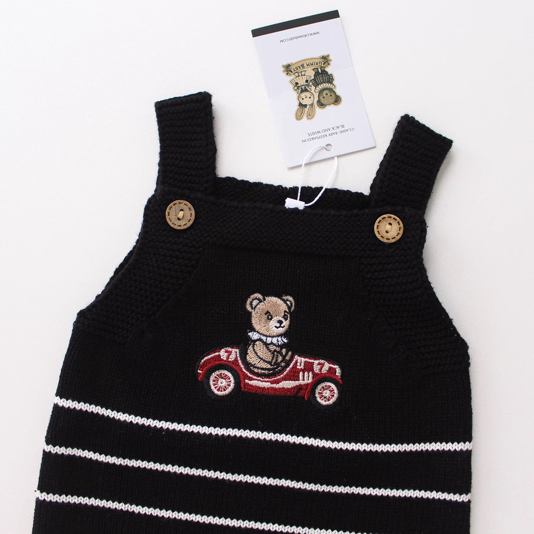 Midnight Racer striped organic cotton knit baby onesie by Knitted Friends