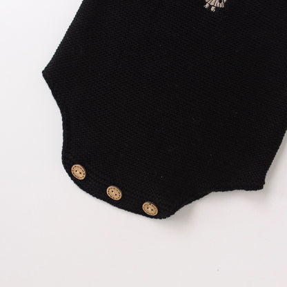 Organic cotton black bunny knit baby onesie, detail view, by Knitted Friends