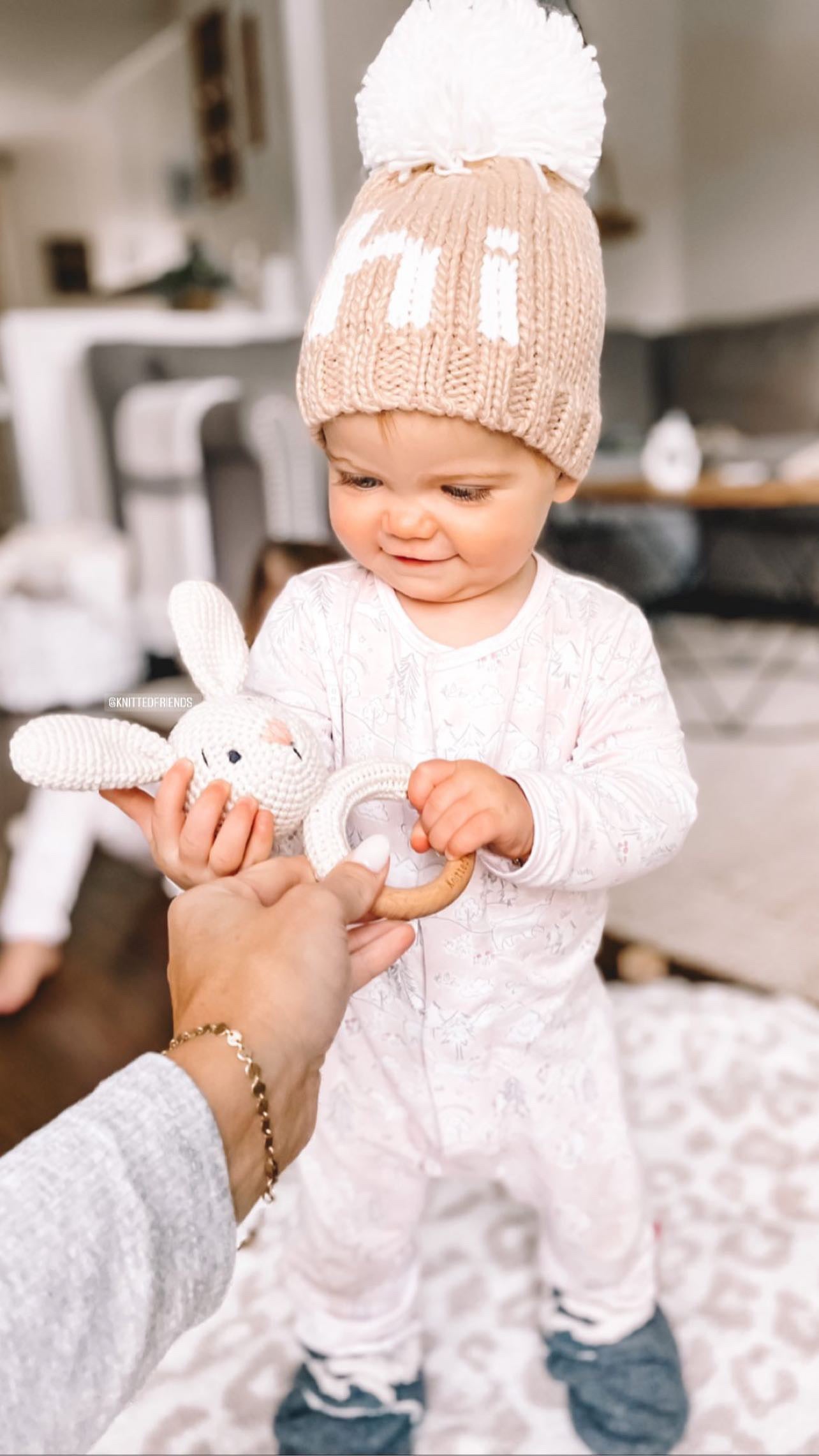 HANDMADE BUNNY RATTLE BABY HOLDING IT 