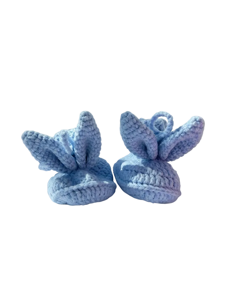 Handmade baby blue bunny booties with knitted ears made by Knitted Friends
