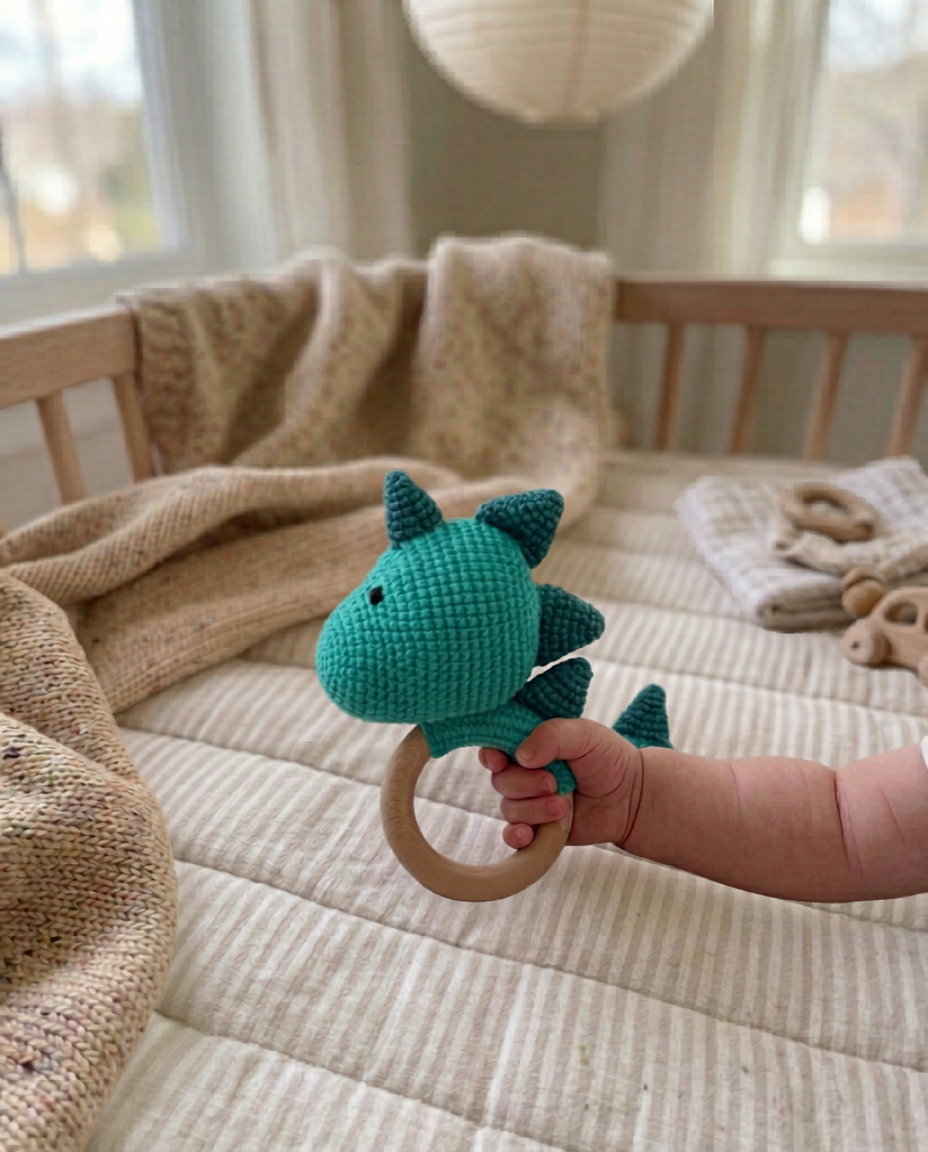 A baby's hand holding a handmade teal crochet dinosaur teether toy with a wooden ring by Knitted Friends in a nursery setting
