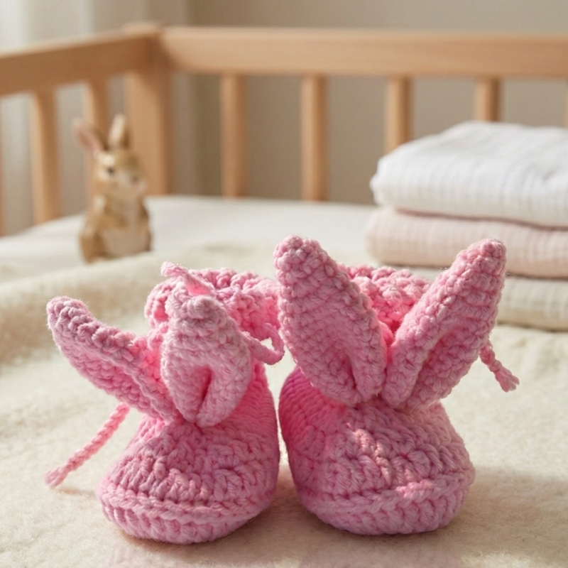 Handmade pink bunny baby booties with soft knitted ears, crochet newborn shoes made by Knitted Friends