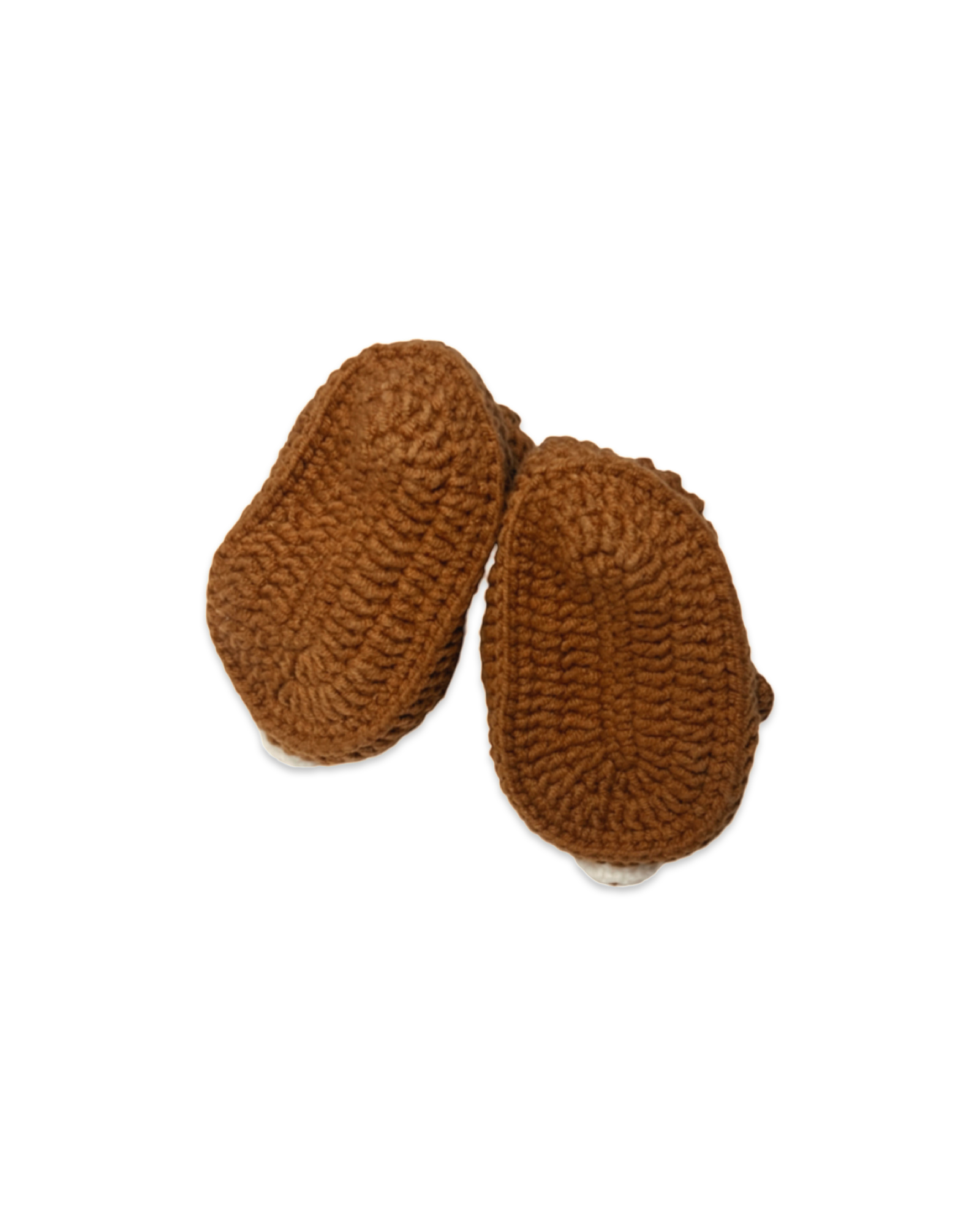 Handmade brown crochet baby booties showing textured soles crafted by Knitted Firends