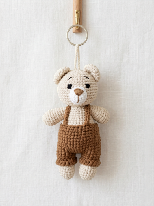 Handmade crochet bear bag charm crafted by Knitted Friends