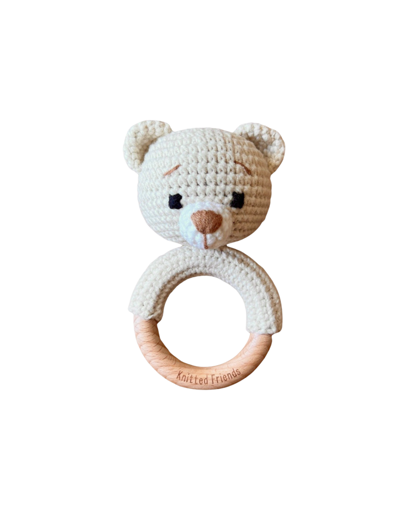 Handmade crochet bear rattle with wooden ring by Knitted Friends