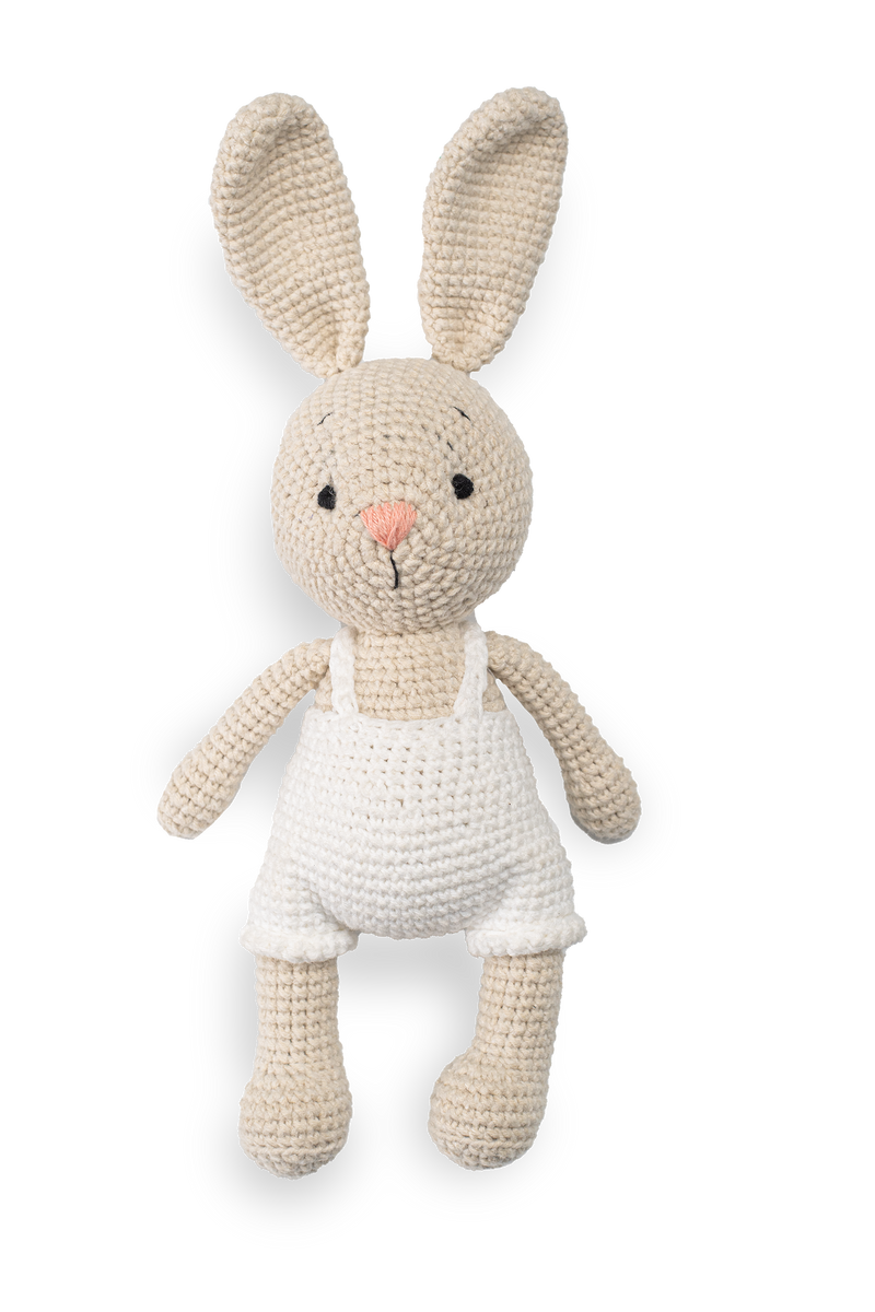 Handmade crochet bunny doll rattle with a smooth wooden ring by Knitted Friends
