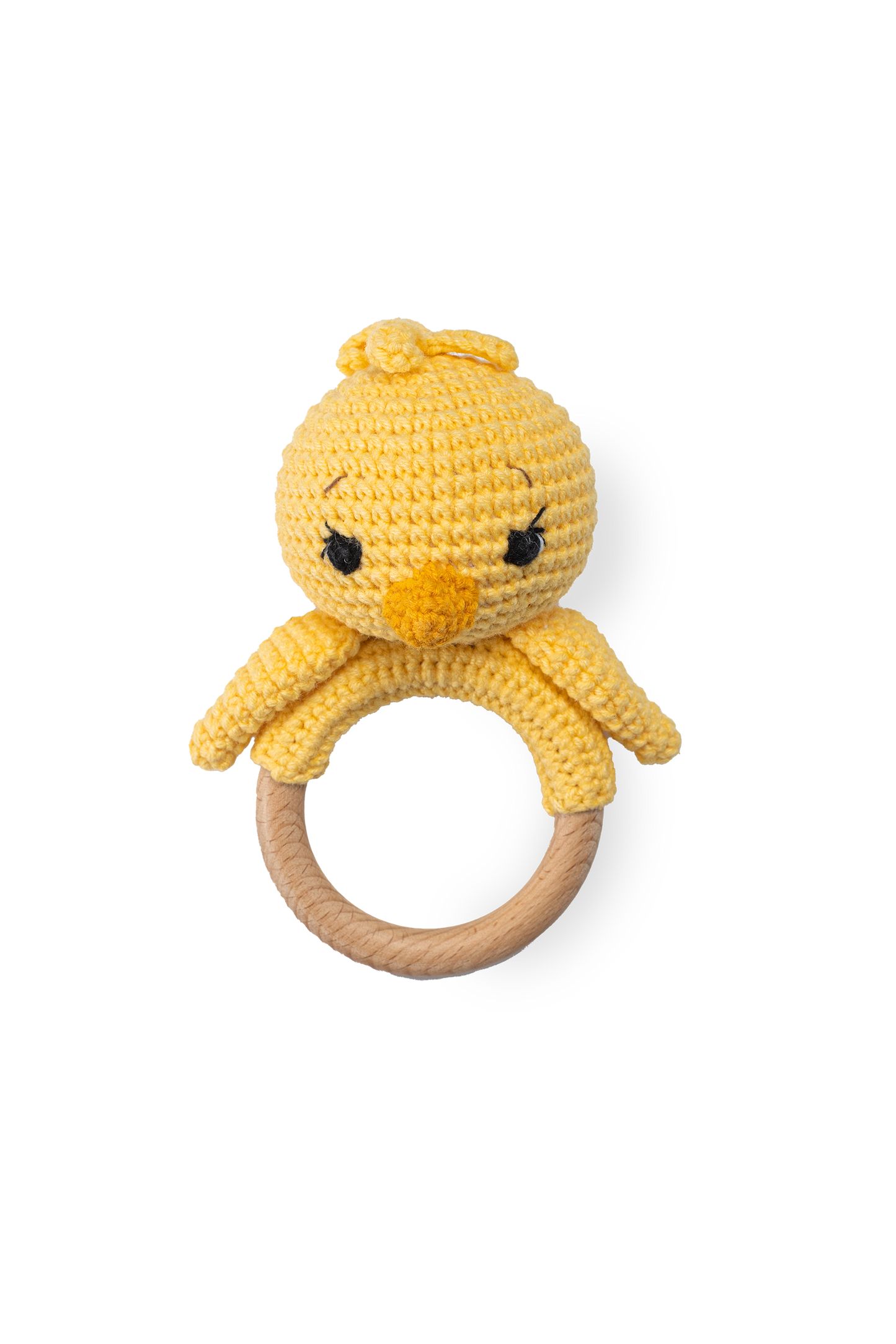 Handmade crochet chick on a wooden ring made by Knitted Friends