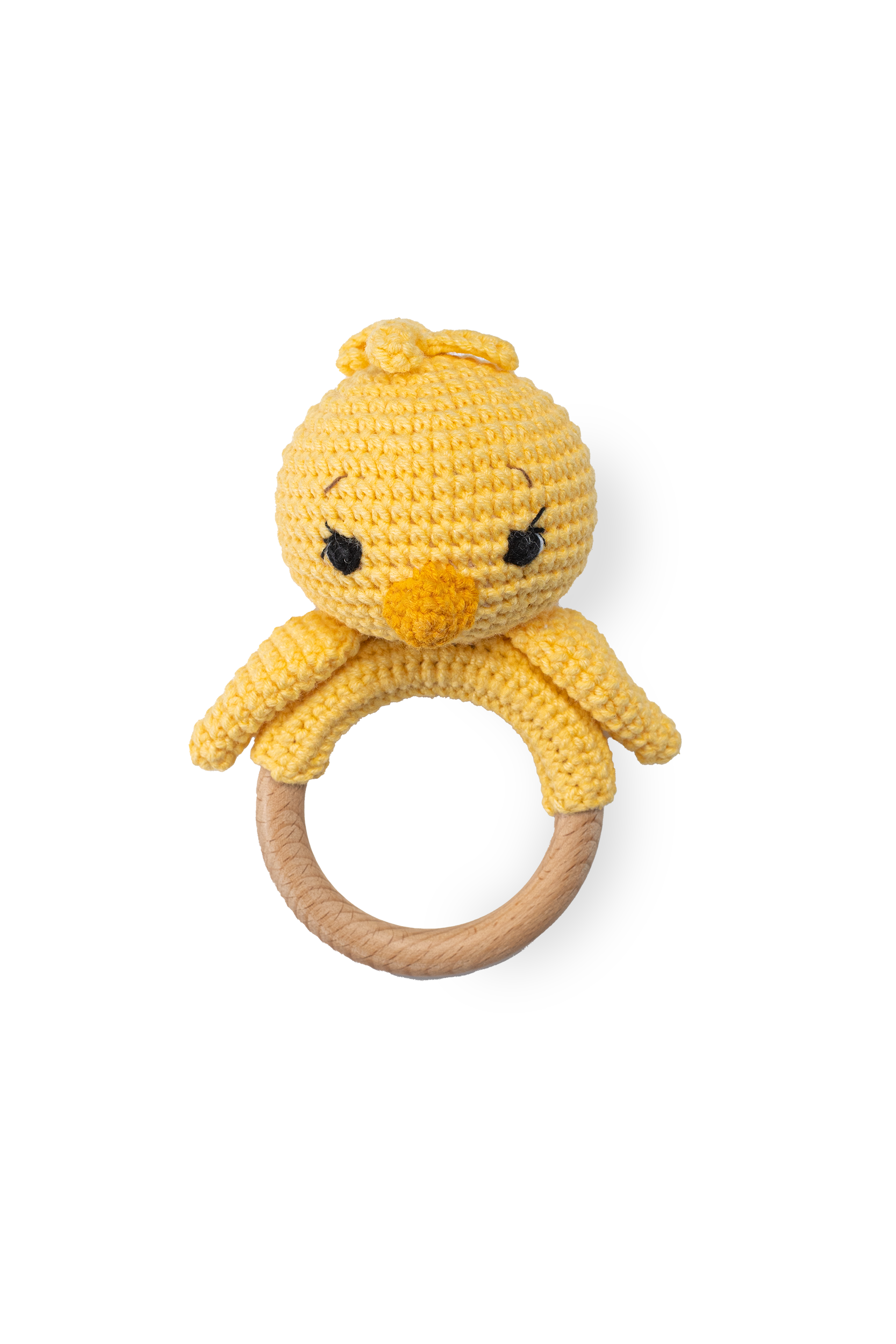 Handmade crochet chick on a wooden ring made by Knitted Friends