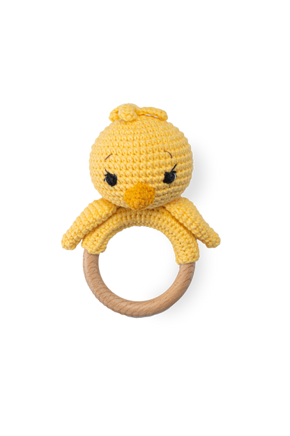 Handmade crochet chick on a wooden ring made by Knitted Friends