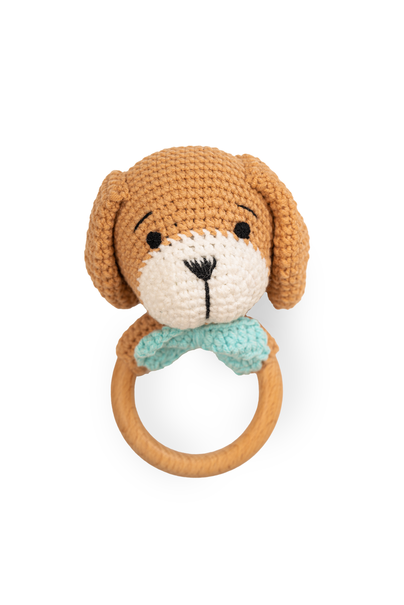 Handmade crocheted puppy rattle toy with wooden ring handle and blue collar detail by Knitted Friends