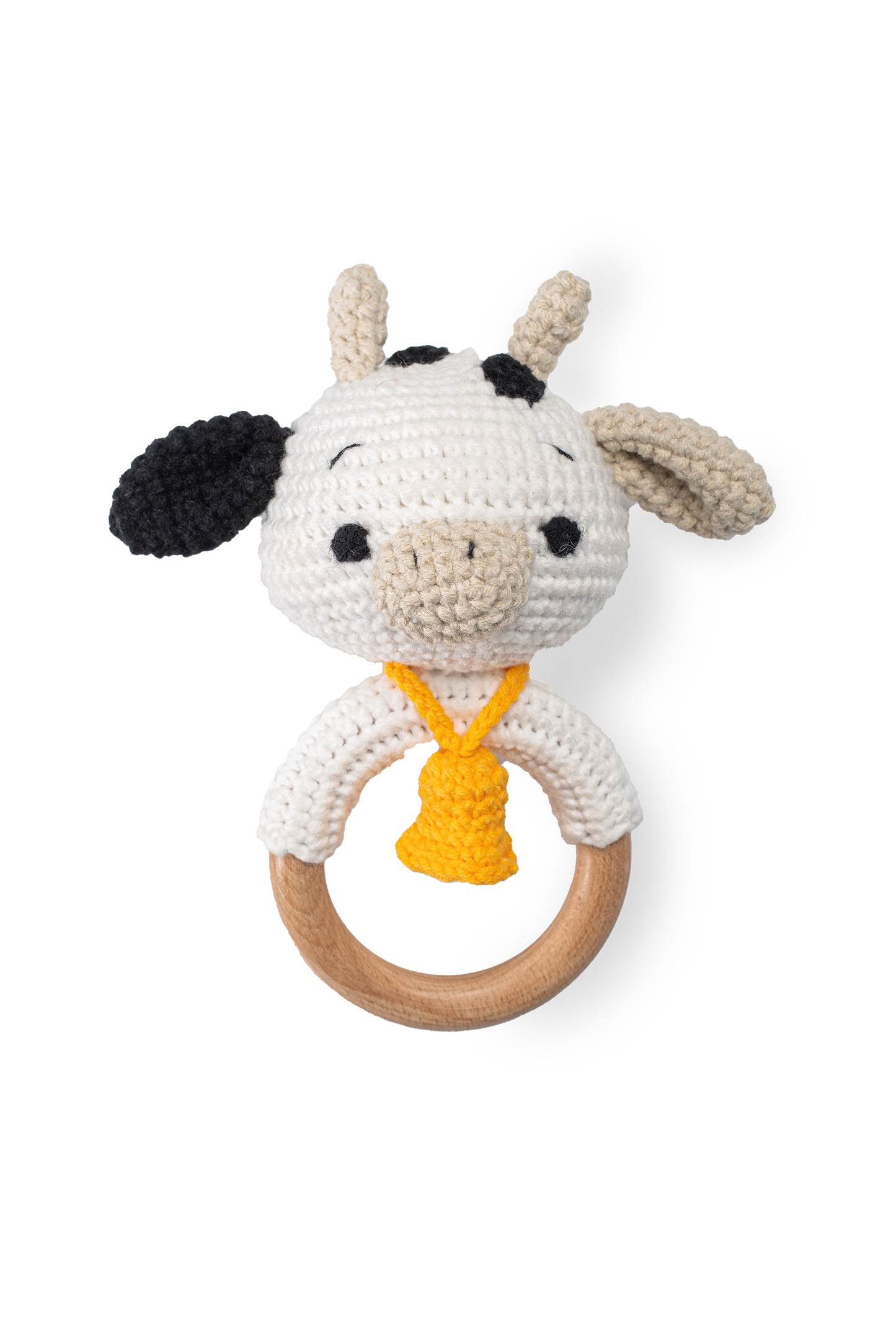 Handmade crochet cow rattle by Knitted Friends