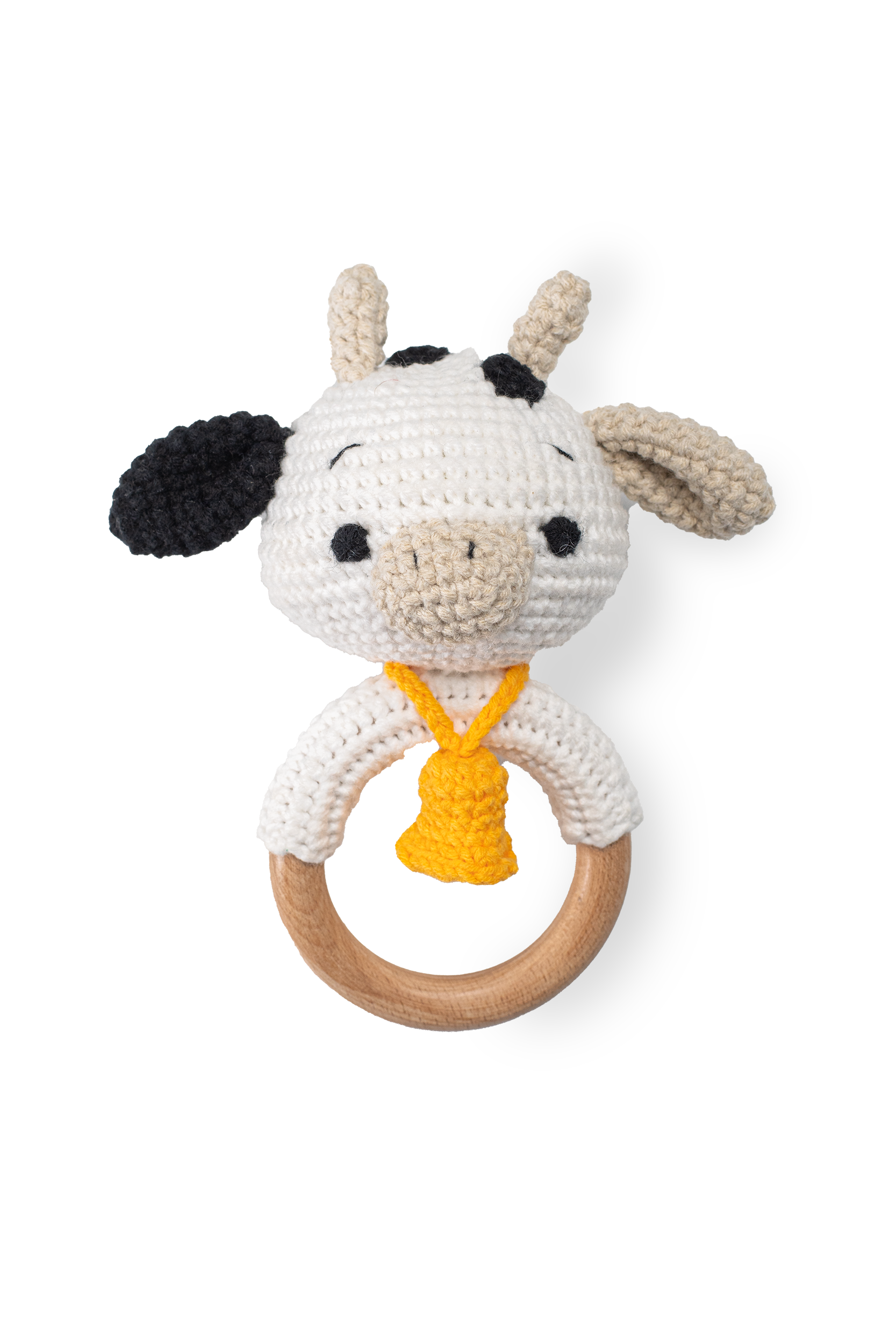 Handmade crochet cow rattle by Knitted Friends