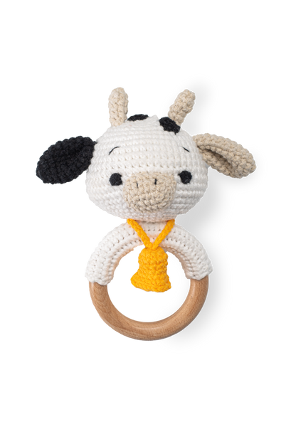 Handmade crochet cow rattle by Knitted Friends