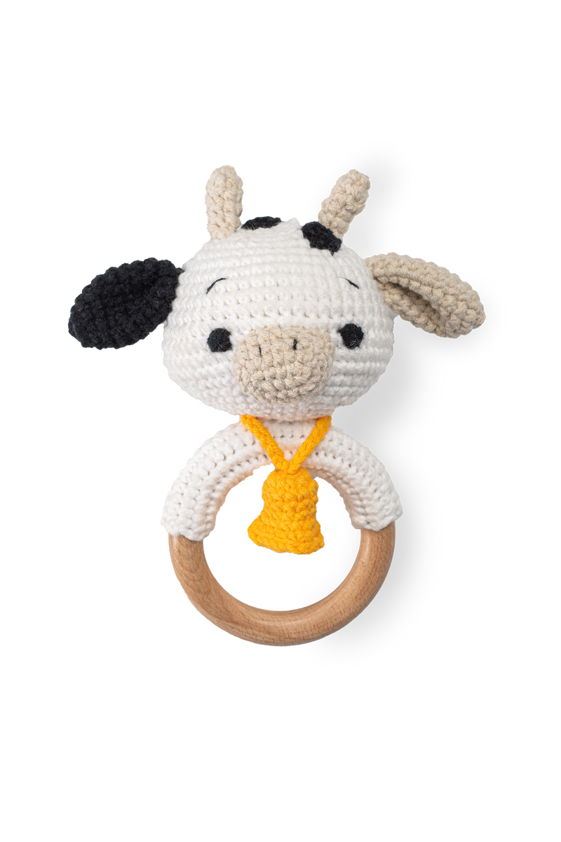 Handmade crochet cow rattle by Knitted Friends
