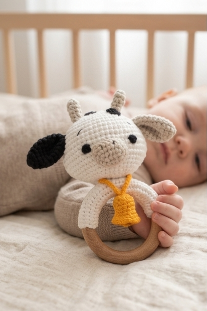 Baby holding a crochet cow rattle by Knitted Friends in a crib