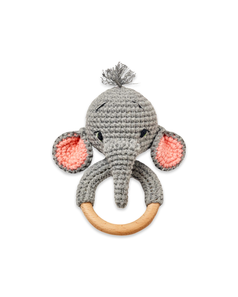 Handmade gray crochet elephant rattle pink details on a natural wooden ring engraved with Knitted Friends