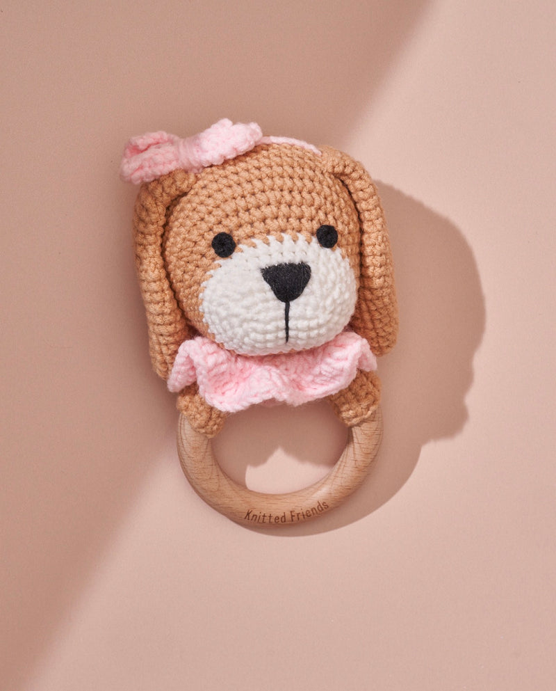 Pink Puppy Rattle, Handmade with Organic Cotton Yarn | Knitted Friends