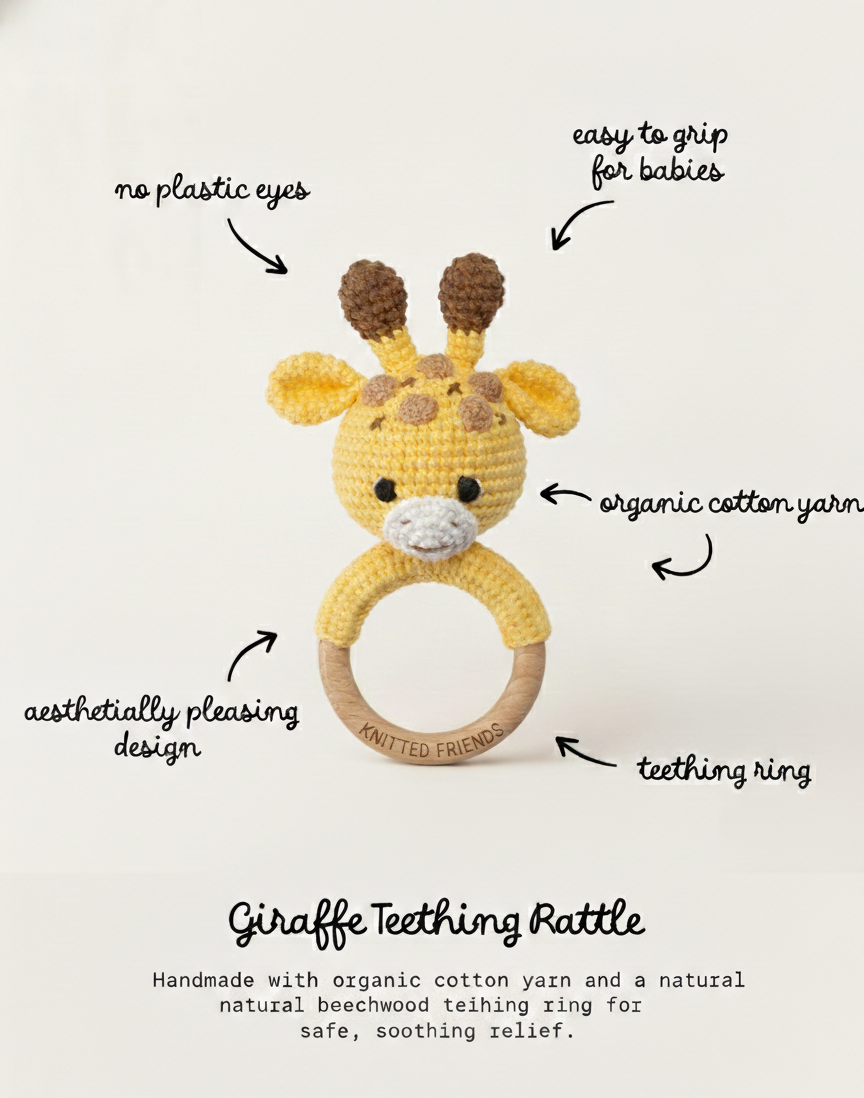 Giraffe rattle features by Knitted Friends