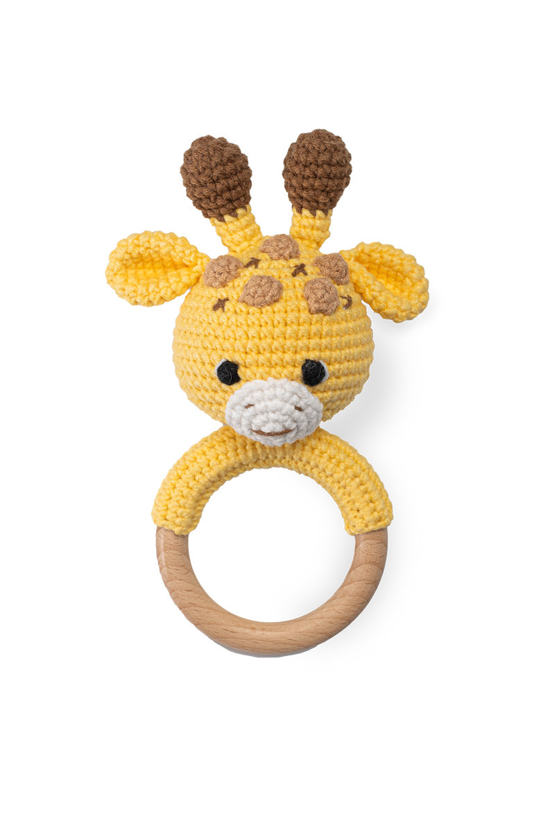Handmade giraffe rattle by Knitted Friends