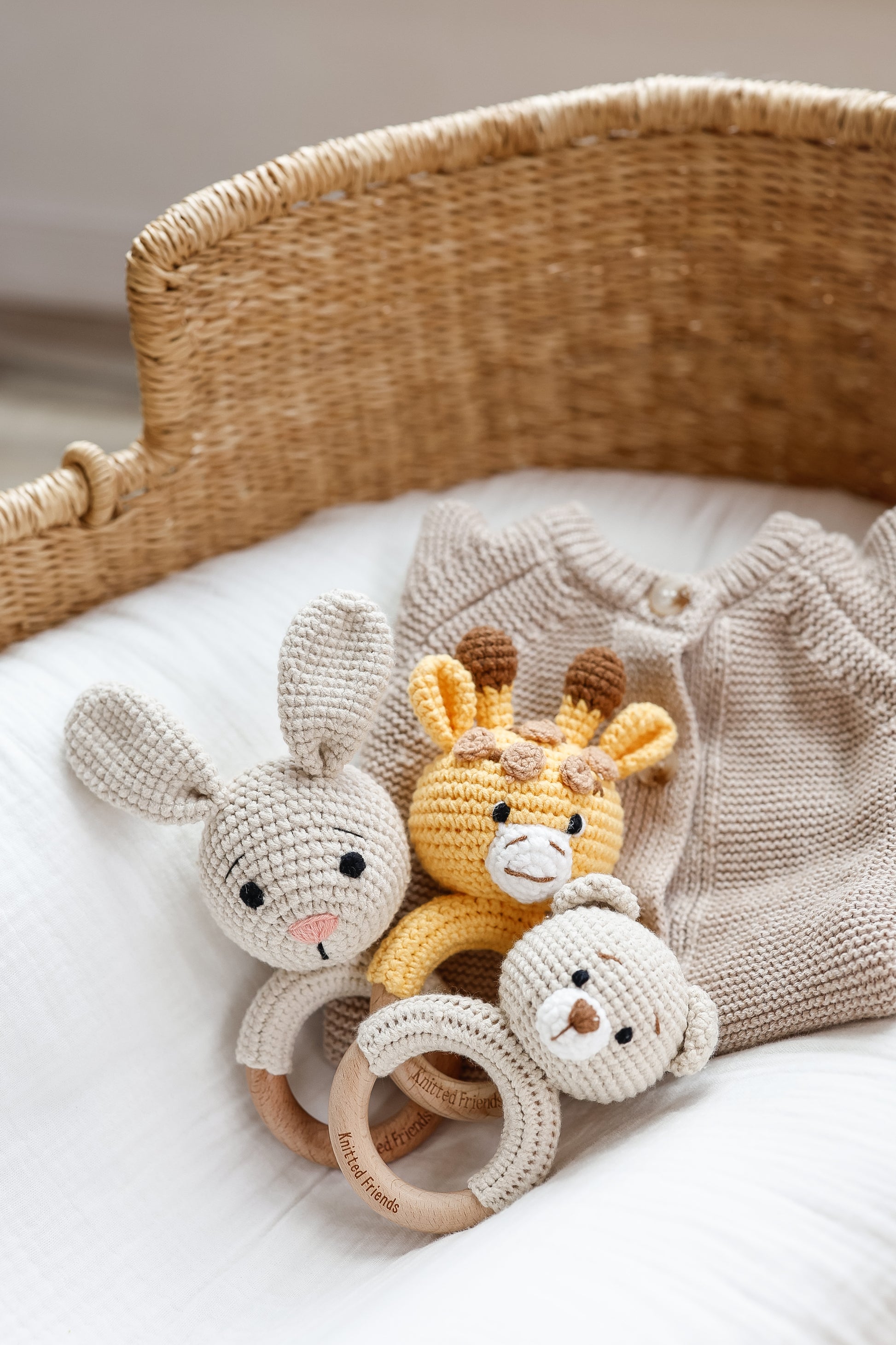 Handmade crochet giraffe rattle with bunny rattle and baby bear rattle 
