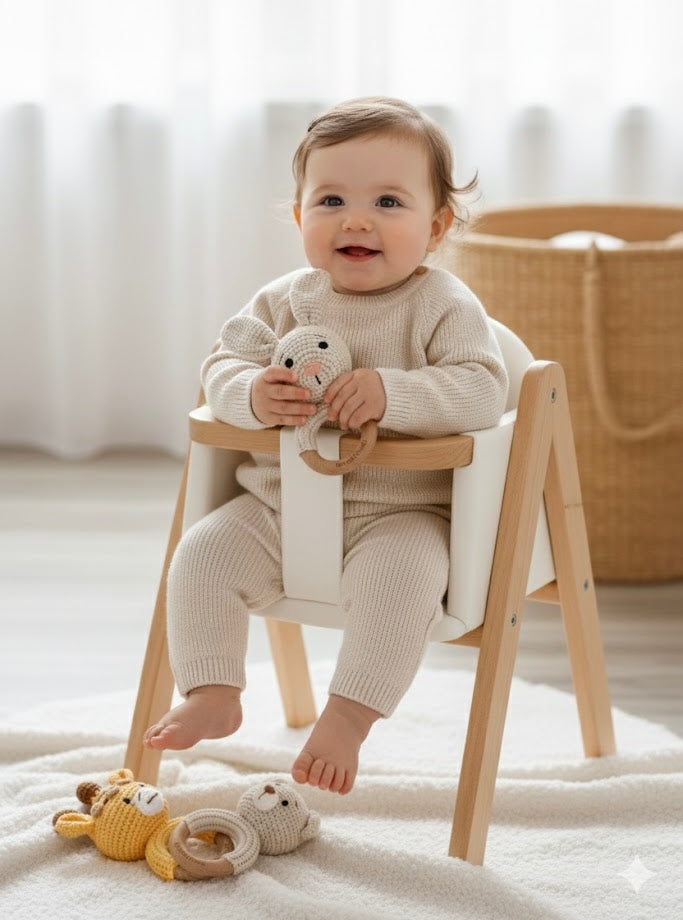 Baby sitting in a wooden chair holding a bunny rattle in a softly lit room.