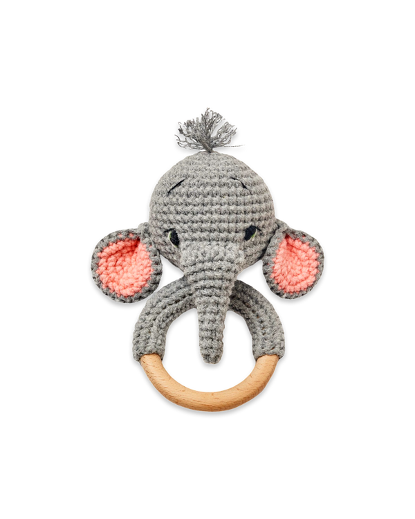 Handmade Elephant Rattle with Gray and Pink Yarn 