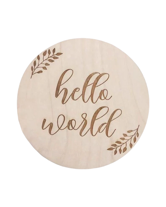 Hello World baby milestone plaque made from natural beech wood, oval engraved sign for newborn announcement and nursery décor by Knitted Friends