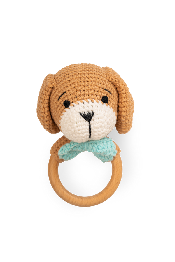 Cinnamon Blue Puppy Rattle - Knitted Friends