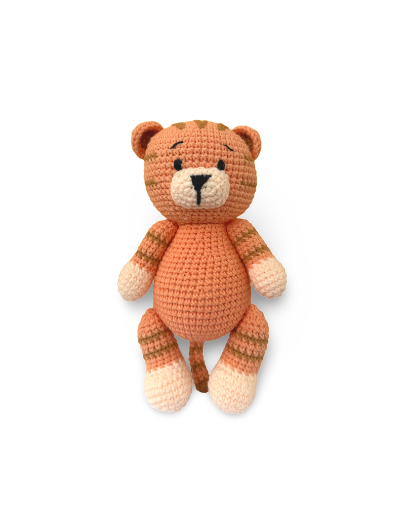 Handmade knitted tiger doll crafted by Knitted Friends