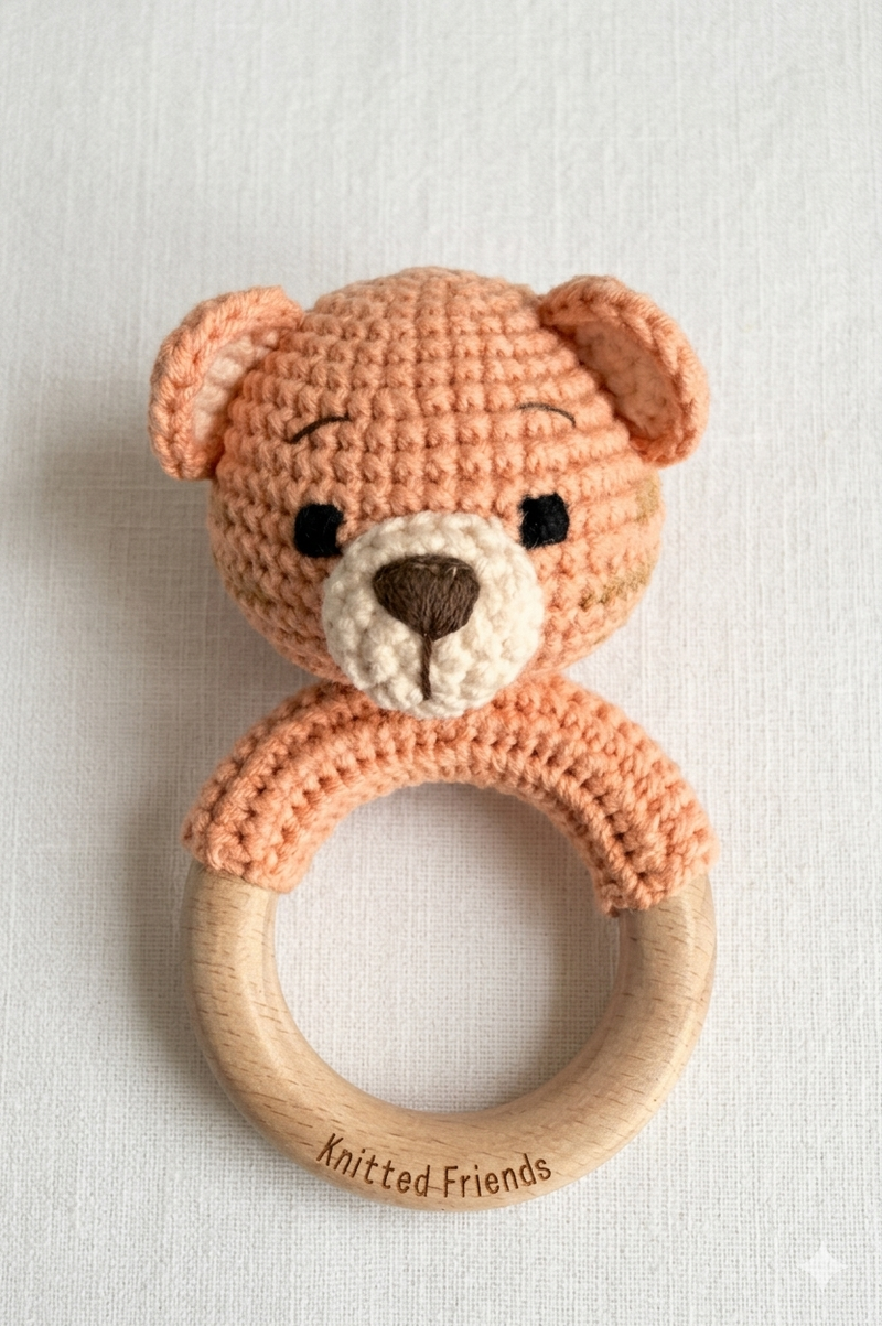 Handmade knitted tiger rattle by Knitted Friends