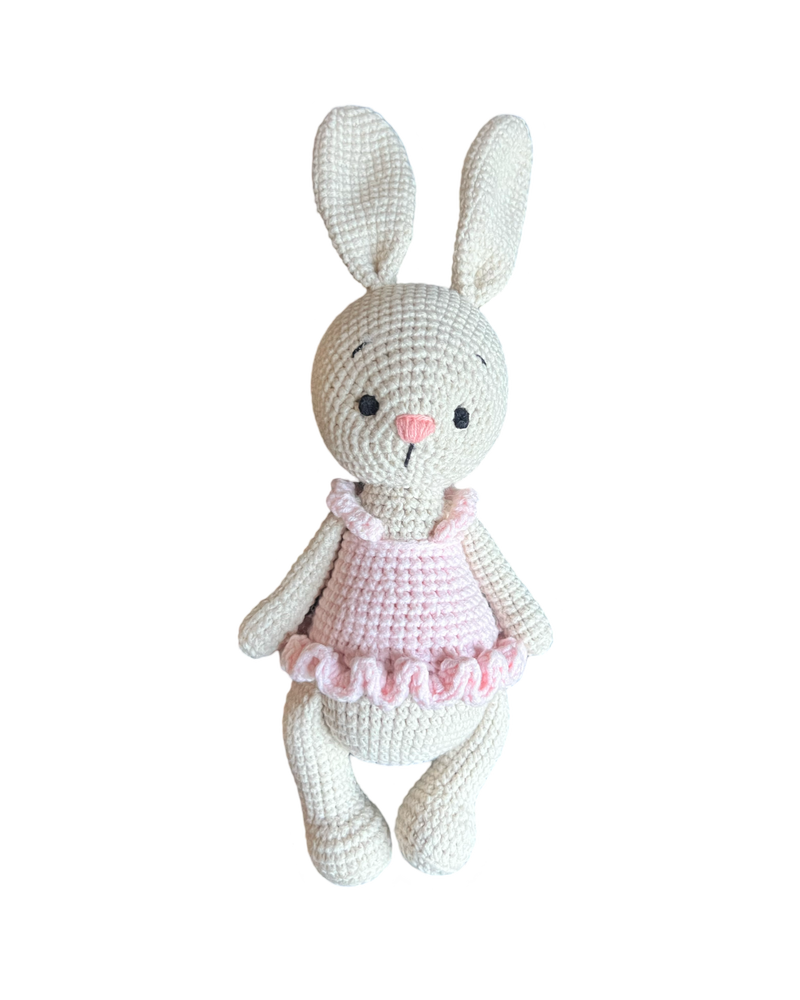 Handmade crochet bunny doll with pink tutu dress crafted by Knitted Friends