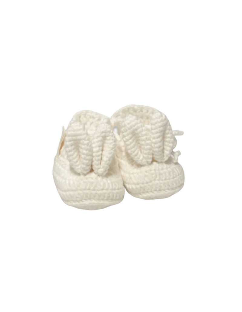Handmade white crochet baby booties with soft bunny ears designed and made by Knitted Friends