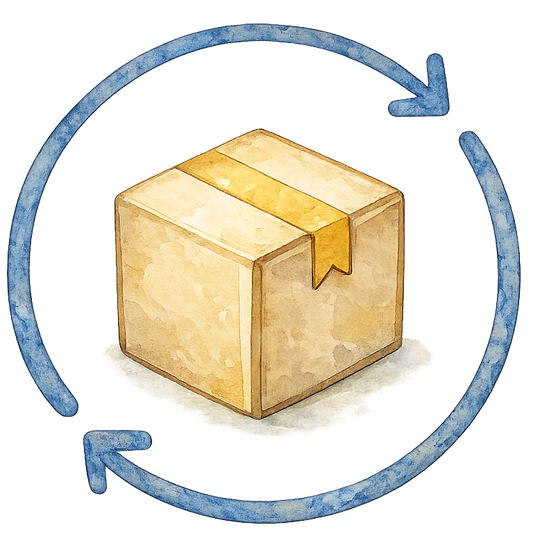 Illustration of a cardboard box with a blue circular arrow around it on a white background