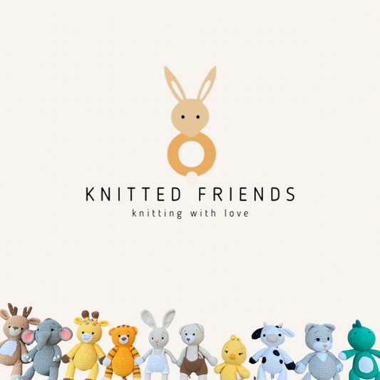 A Knitted Friends gift card featuring a stylized rabbit teether logo and a collection of handmade crochet animal toys on a light background - Gift Card $50 - Knitted Friends