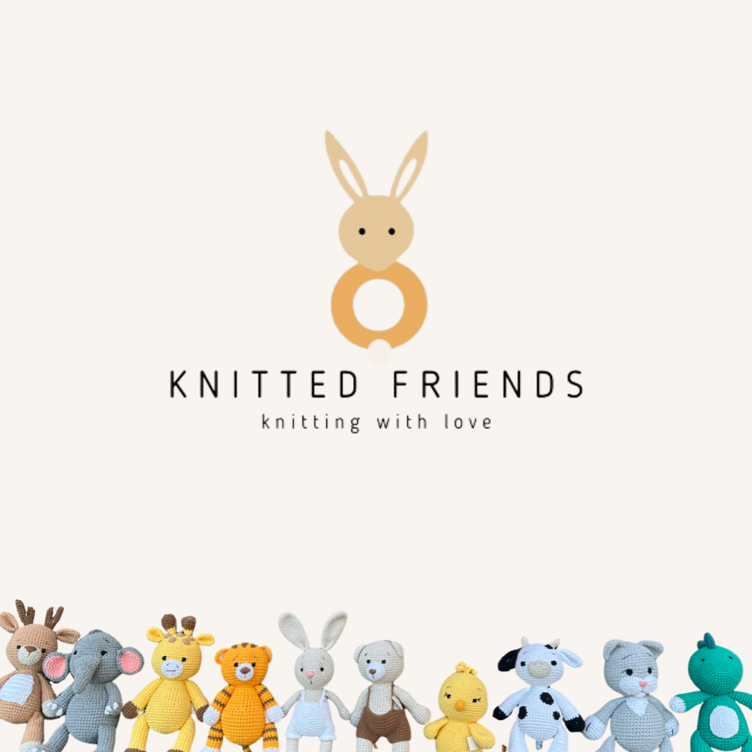 A Knitted Friends gift card featuring a stylized rabbit teether logo and a collection of handmade crochet animal toys on a light background - Gift Card $50